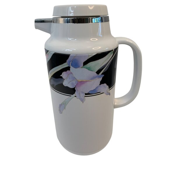 VTG Mikasa One Liter 4 cup Thermal Jug Coffee Pitcher Charisma Black Floral GUC - Picture 1 of 12
